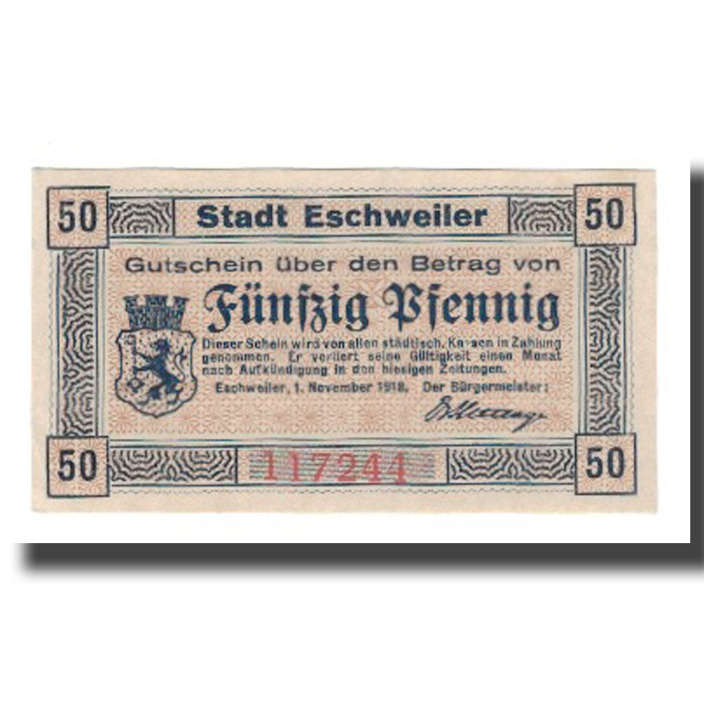 Banconote, Germania, Eschweiler Stadt, 50 Pfennig, texte 1, 1918, 1918-11-01