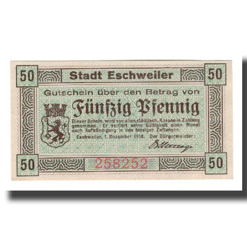 Banconote, Germania, Eschweiler Stadt, 50 Pfennig, Texte, 1918, 1918-11-01