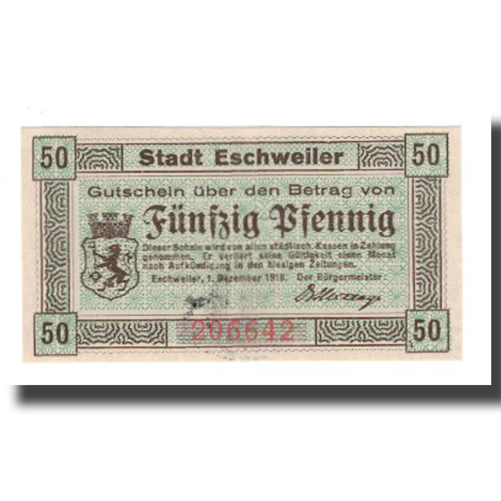 Geldschein, Deutschland, Eschweiler Stadt, 50 Pfennig, texte 1, 1918