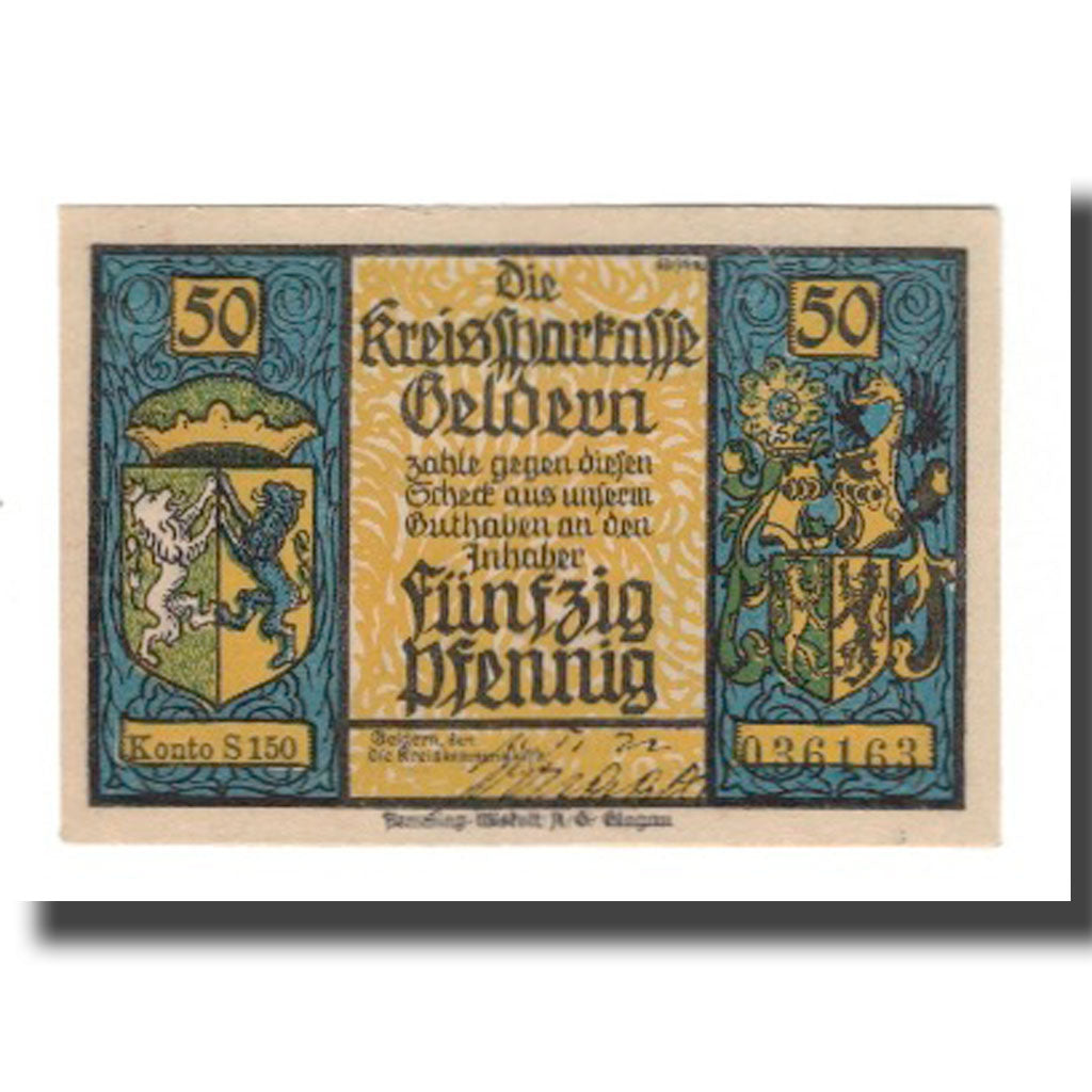 Banconote, Germania, Geldern Kreiskommunalkasse, 50 Pfennig, dragon, 1922
