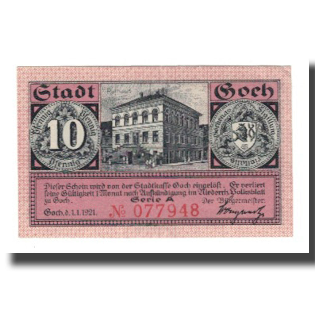 Geldschein, Deutschland, Goch Stadt, 10 Pfennig, Batiment, 1921, 1921-01-01, VZ