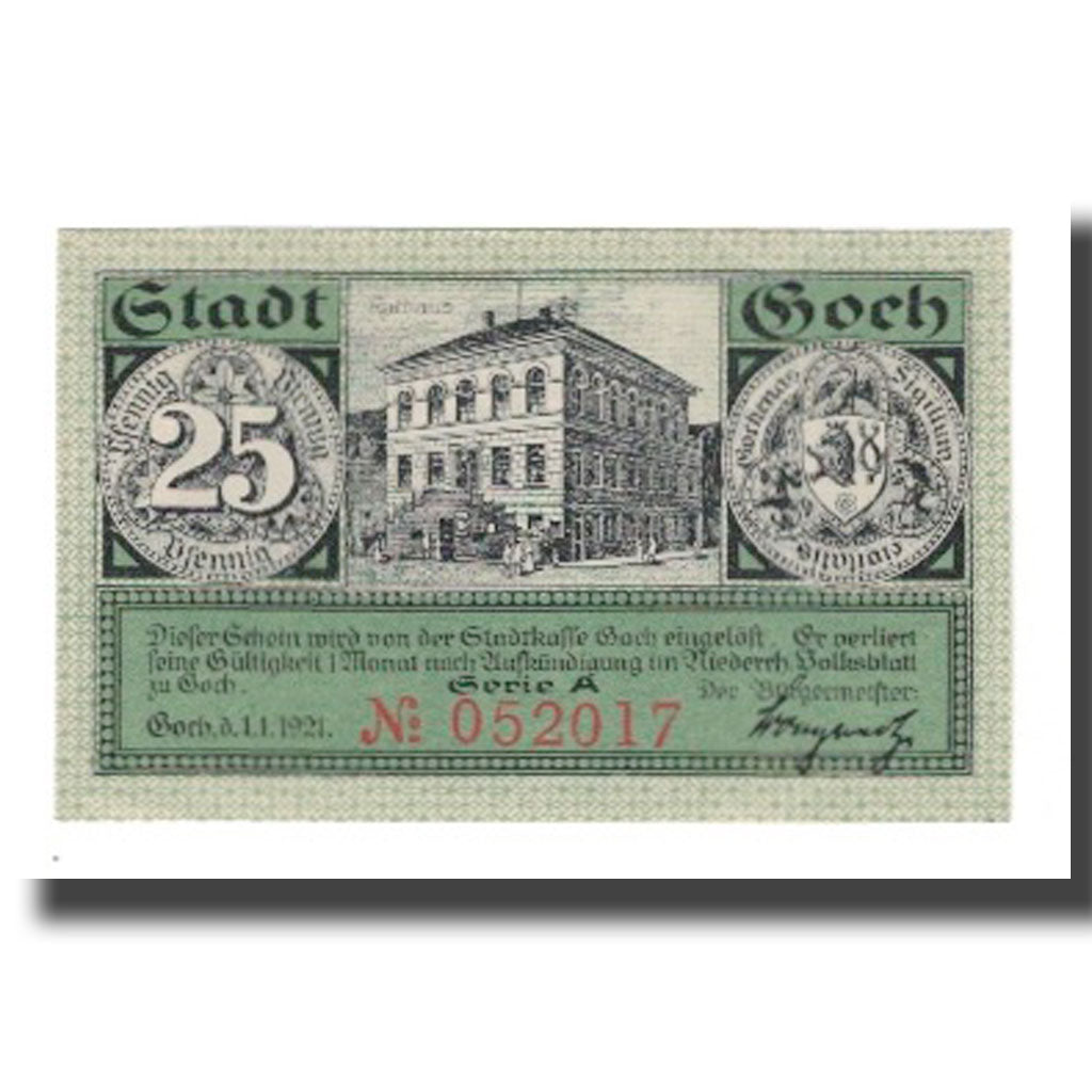 Billet, Allemagne, Goch Stadt, 25 Pfennig, Batiment, 1921, 1921-01-01, SUP