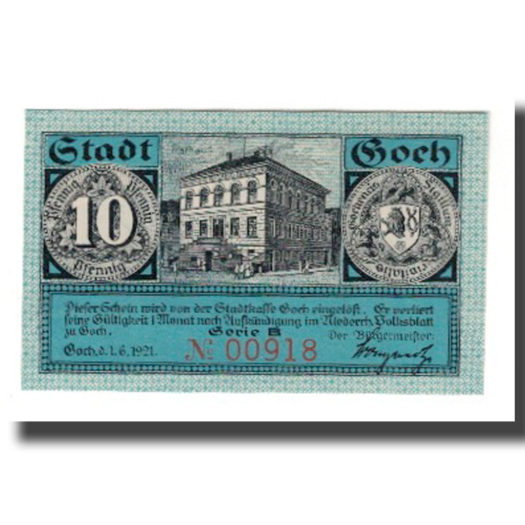 Billet, Allemagne, Goch Stadt, 10 Pfennig, batiment 1, 1921, 1921-01-01, SUP