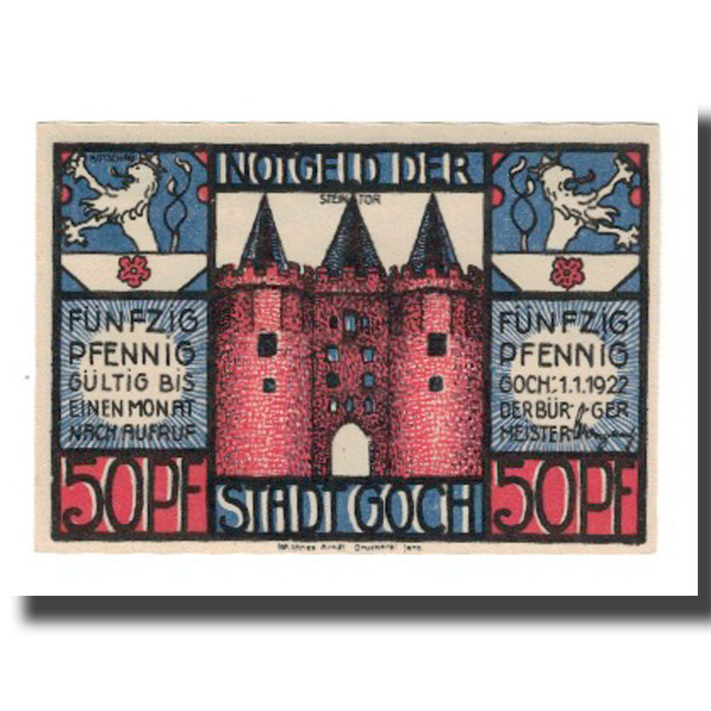 Banknote, Germany, Goch Stadt, 50 Pfennig, carte, 1922, 1922-01-01, AU(55-58)