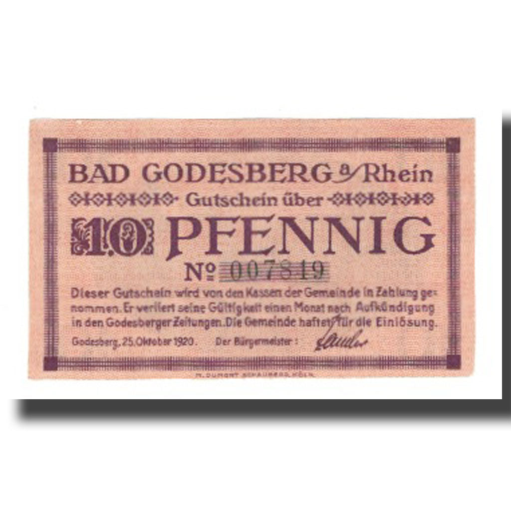 Banknote, Germany, Godesberg Bad Stadt, 10 Pfennig, paysage, 1920, 1920-10-25