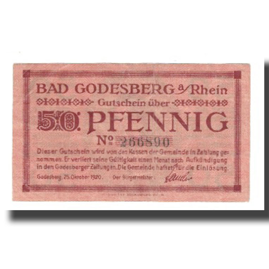 Banknote, Germany, Godesberg Bad Stadt, 50 Pfennig, personnage, 1920