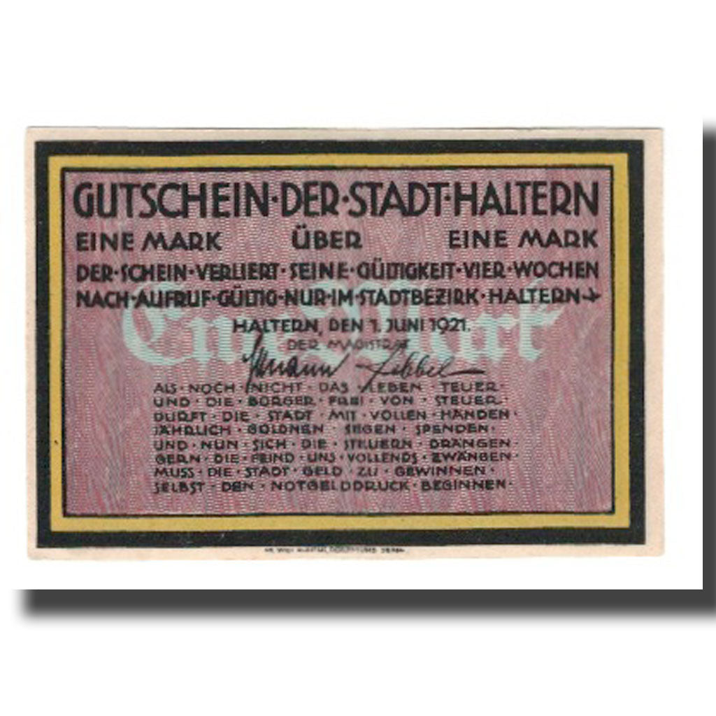 Geldschein, Deutschland, Haltern Stadt, 1 Mark, rue, 1921, 1921-06-01, VZ