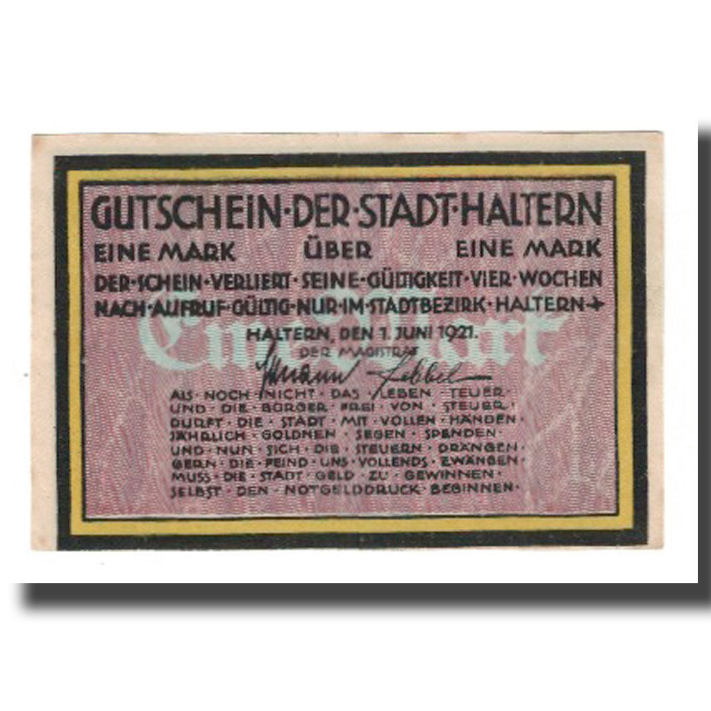 Banknote, Germany, Haltern Stadt, 1 Mark, rue 1, 1921, 1921-06-01, AU(55-58)