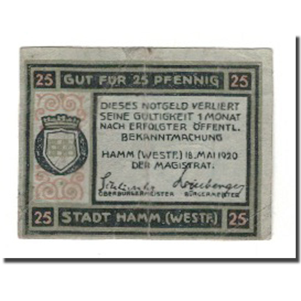 Banknote, Germany, Hamm Stadt, 25 Pfennig, batiment 1, 1920, 1920-05-18