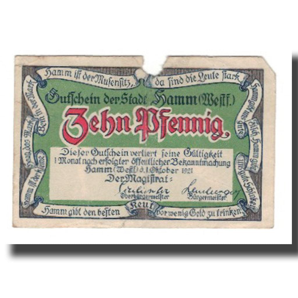 Banknote, Germany, Hamm Stadt, 10 Pfennig, personnage, 1921, 1921-10-01
