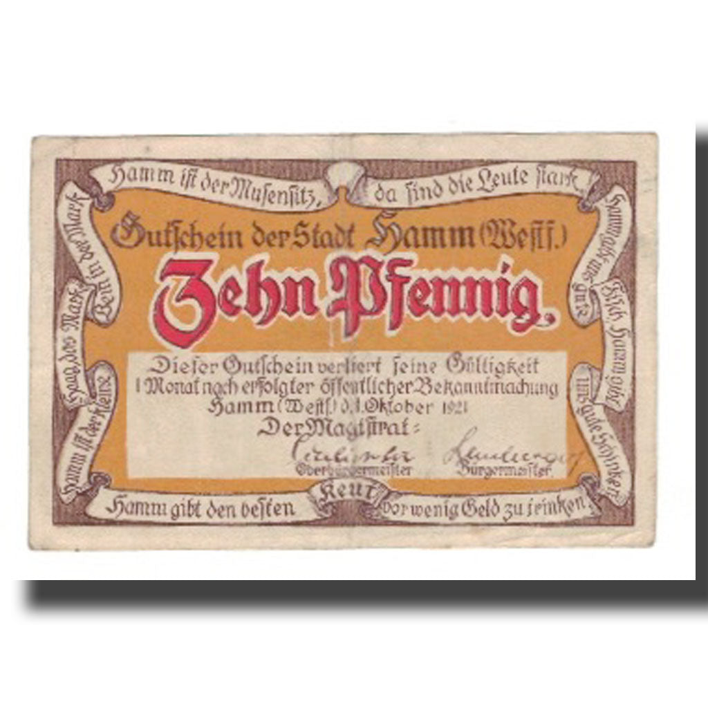 Banknote, Germany, Hamm Stadt, 10 Pfennig, personnage 1, 1921, 1921-10-01