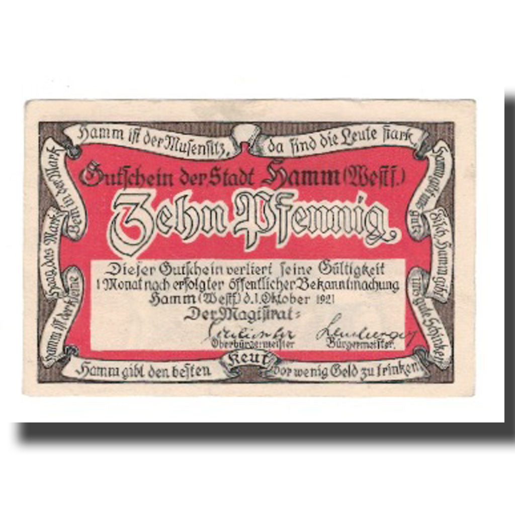 Banknote, Germany, Hamm Stadt, 10 Pfennig, personnage 2, 1921, 1921-10-01