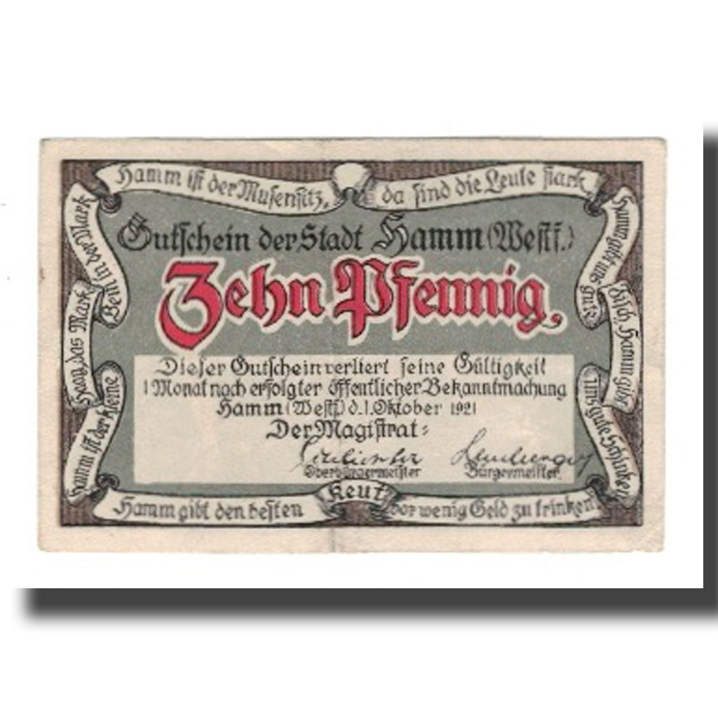 Banknot, Niemcy, Hamm Stadt, 10 Pfennig, personnage 3, 1921, 1921-10-01