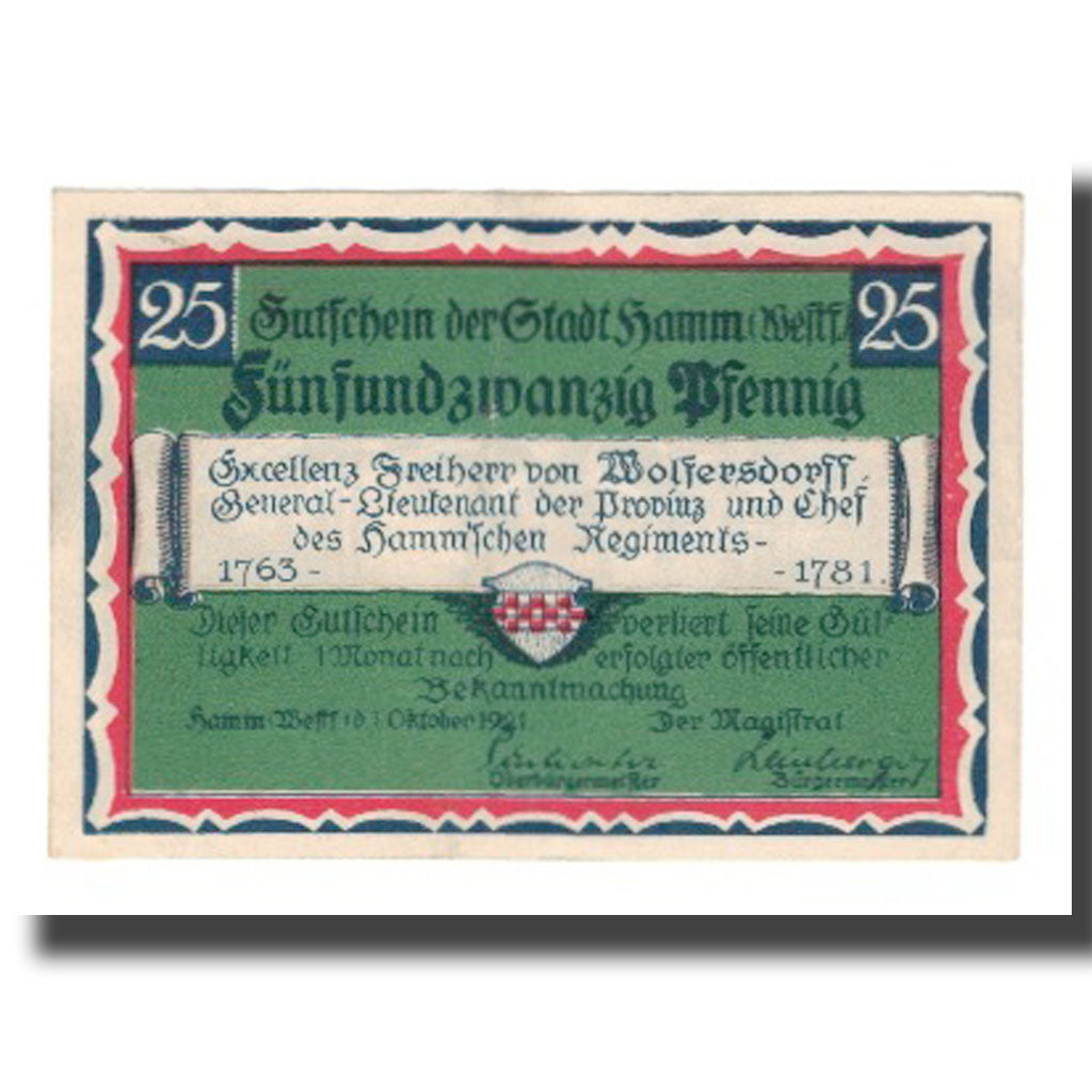 Banknote, Germany, Hamm Stadt, 25 Pfennig, personnage, 1921, 1921-10-01