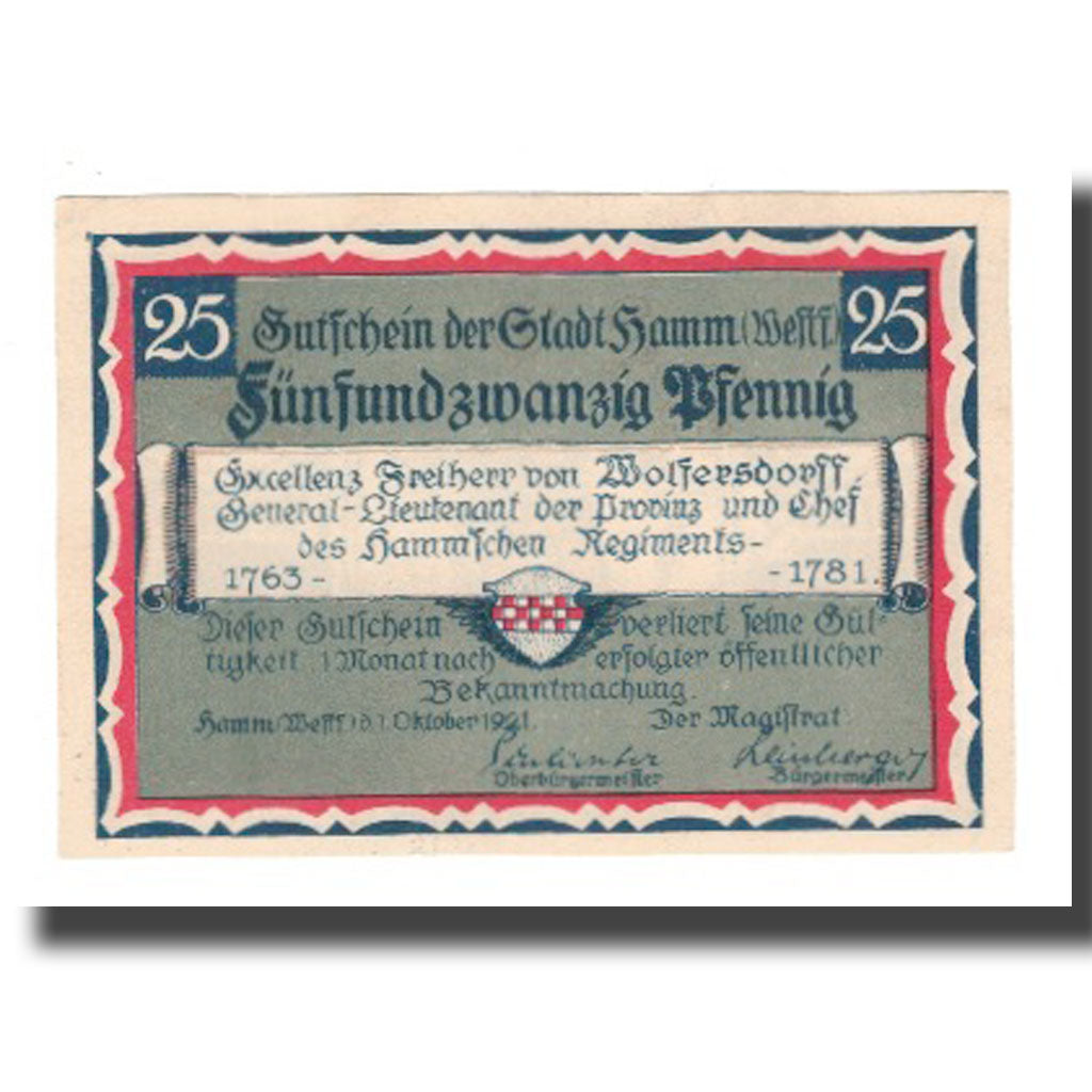 Billet, Allemagne, Hamm Stadt, 25 Pfennig, personnage 1, 1921, 1921-10-01, SUP