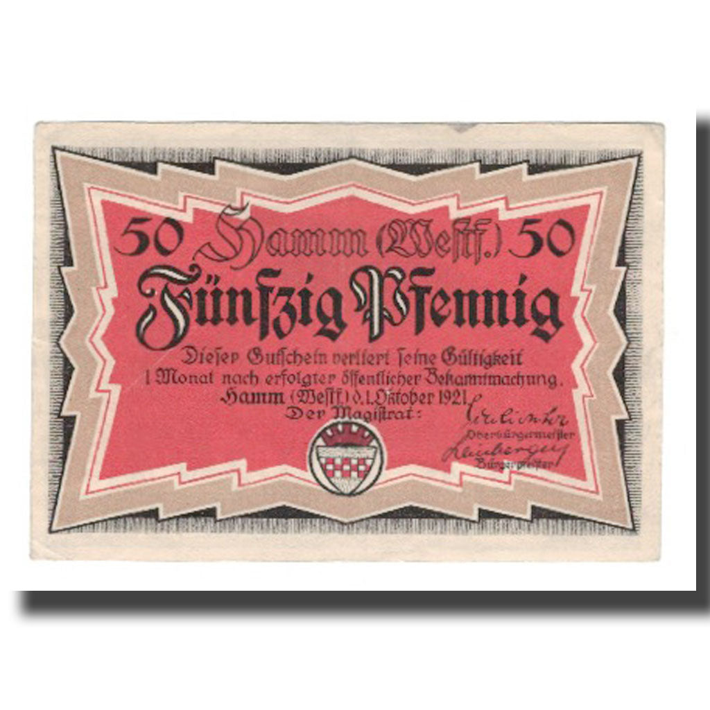 Banknote, Germany, Hamm Stadt, 50 Pfennig, rue, 1921, 1921-10-01, AU(55-58)