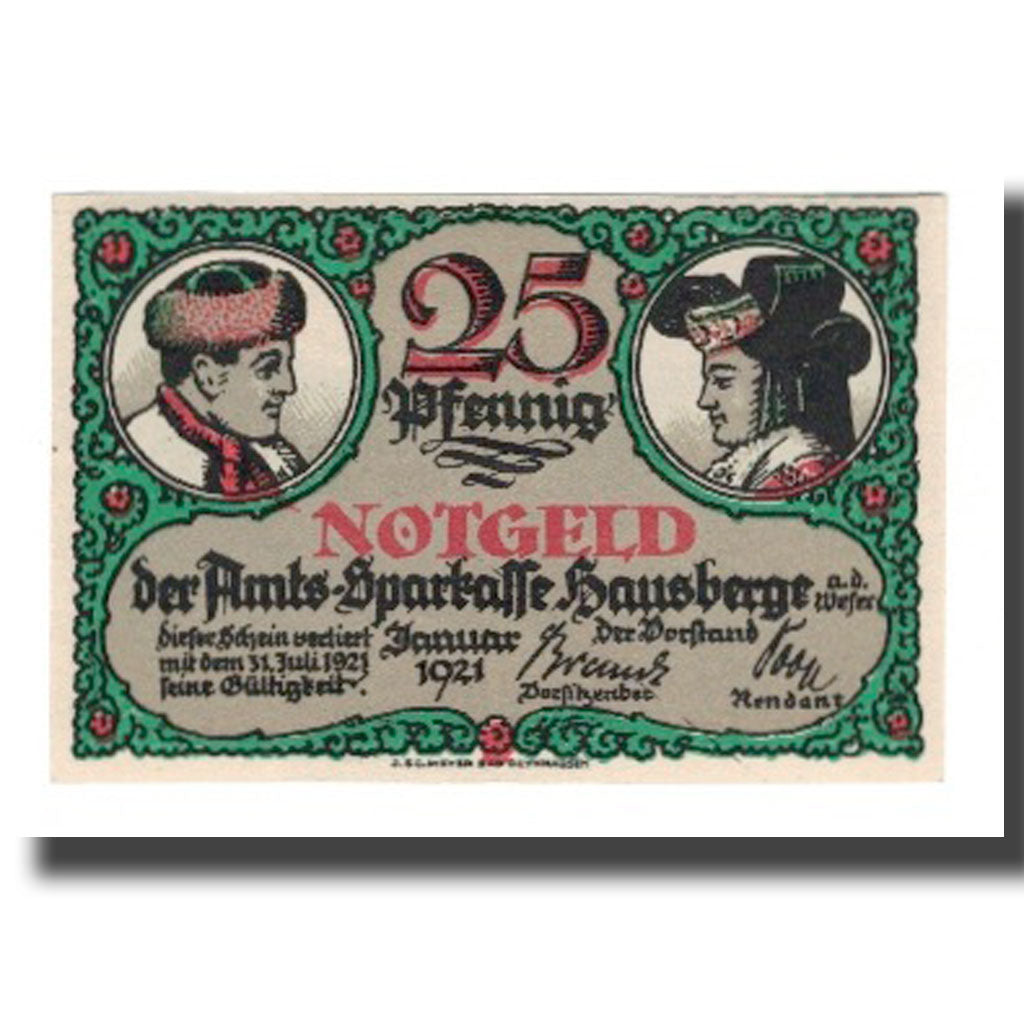 Banknot, Niemcy, Hausberge a. Weser Amtssparkasse, 25 Pfennig, paysage, 1921