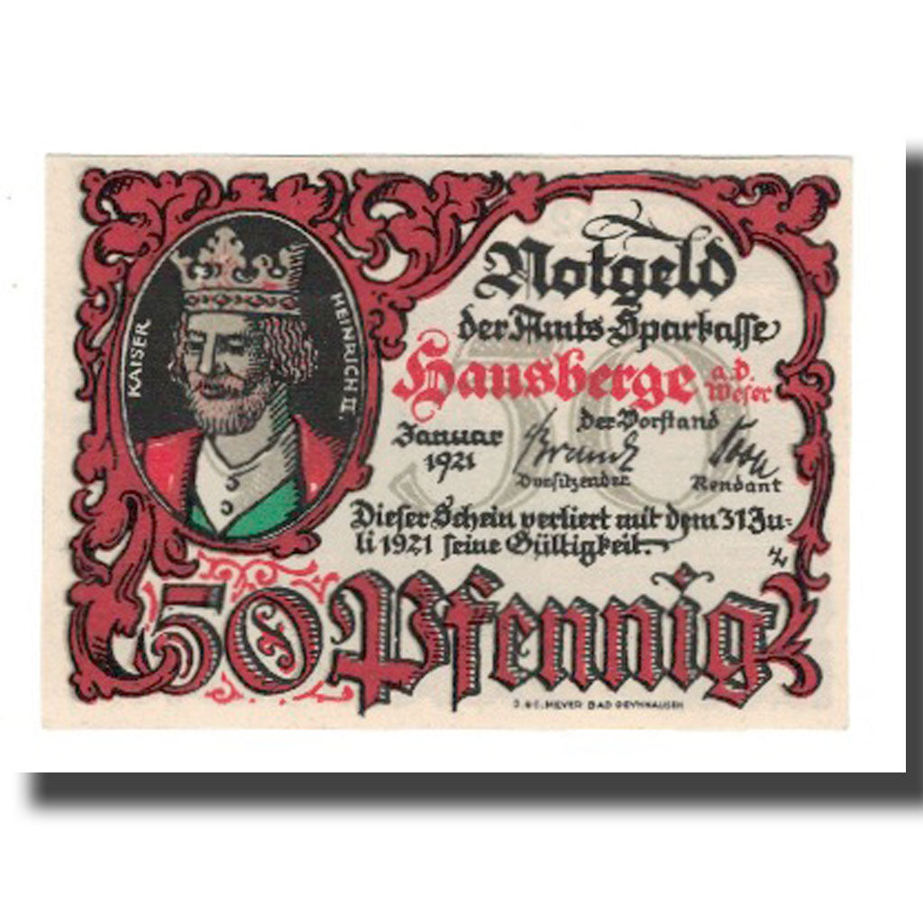 Banknot, Niemcy, Hausberge a. Weser Amtssparkasse, 50 Pfennig, paysage, 1921