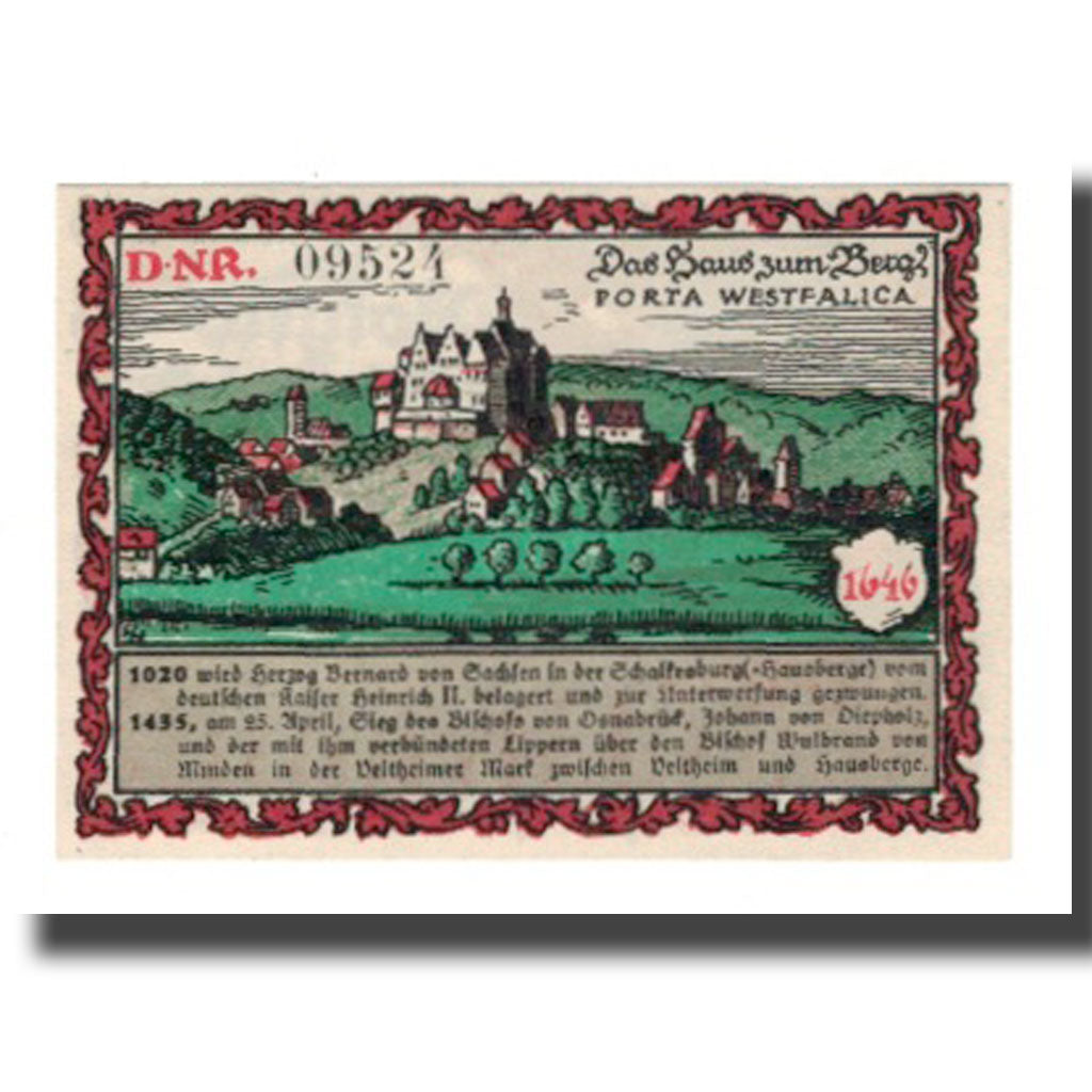 Banknot, Niemcy, Hausberge a. Weser Amtssparkasse, 50 Pfennig, paysage, 1921