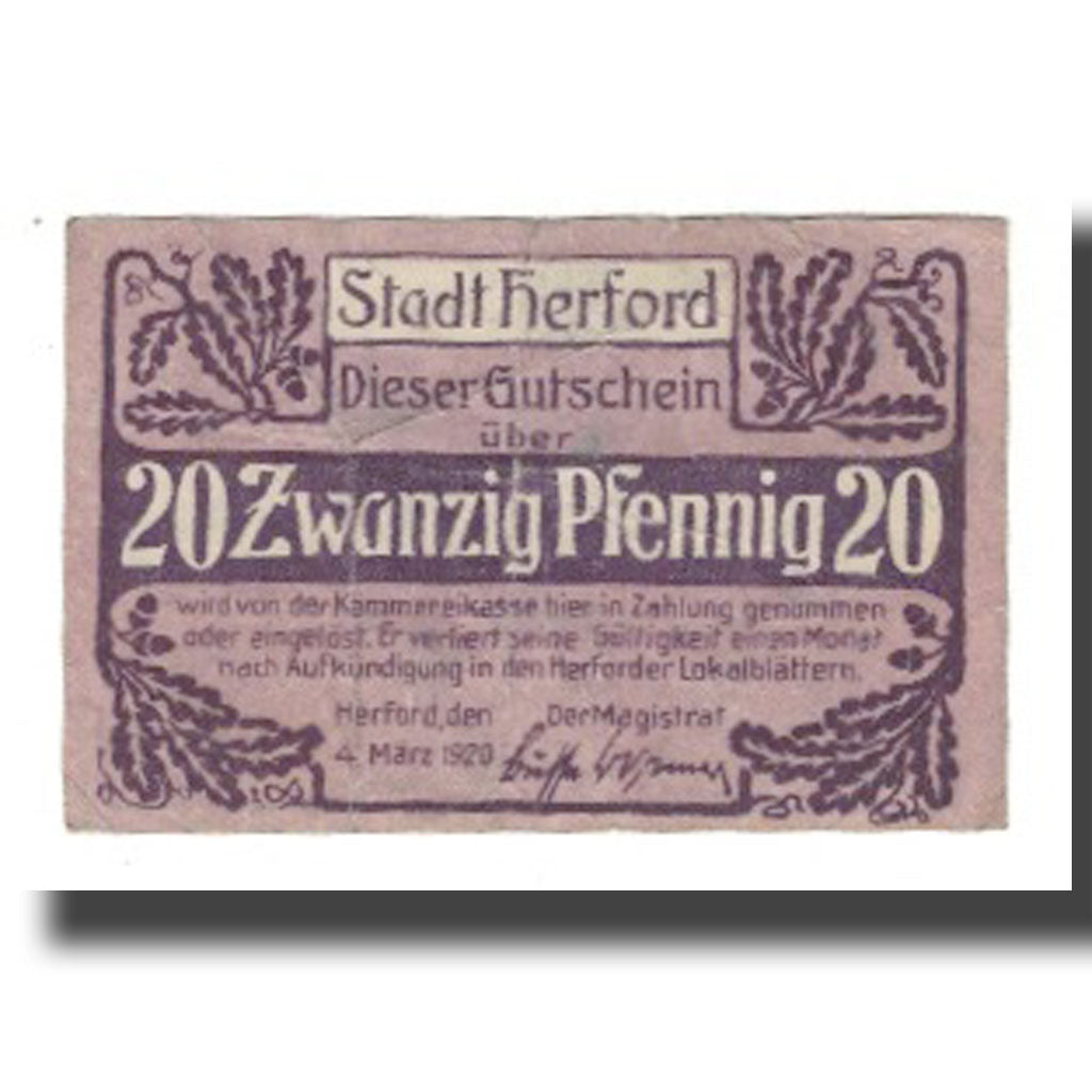 Geldschein, Deutschland, Herford Stadt, 20 Pfennig, personnage, 1920