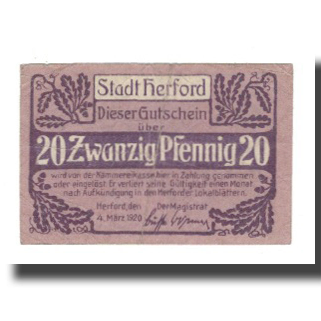 Geldschein, Deutschland, Herford Stadt, 20 Pfennig, personnage 1, 1920