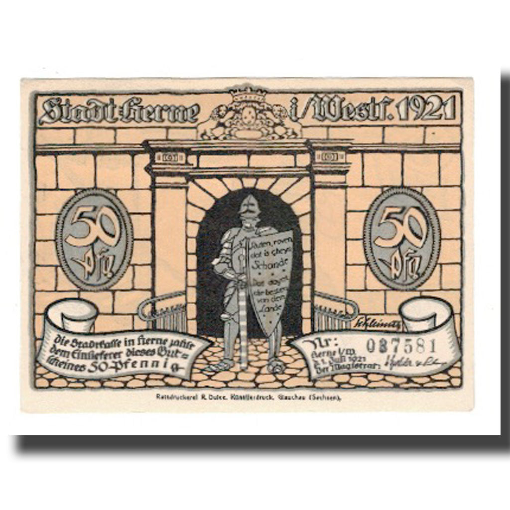 Banknot, Niemcy, Herne Stadt, 50 Pfennig, personnage 9, 1921, 1921-07-01