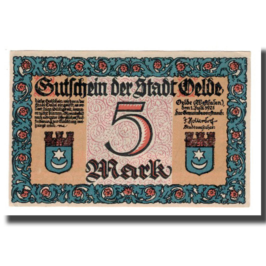 Geldschein, Deutschland, Oelde Stadt, 5 Mark, personnage 1, 1921, 1921-07-01