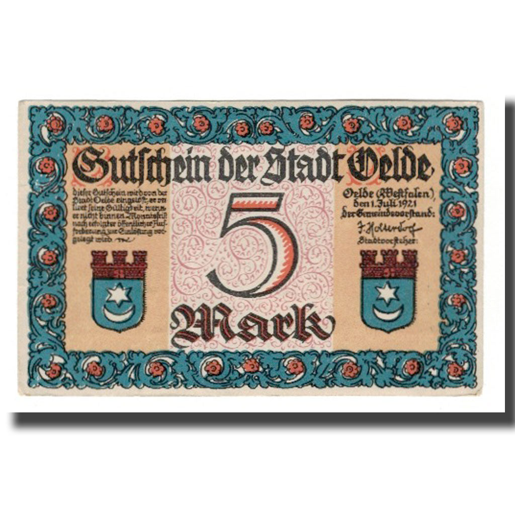 Banknote, Germany, Oelde Stadt, 5 Mark, personnage 2, 1921, 1921-07-01