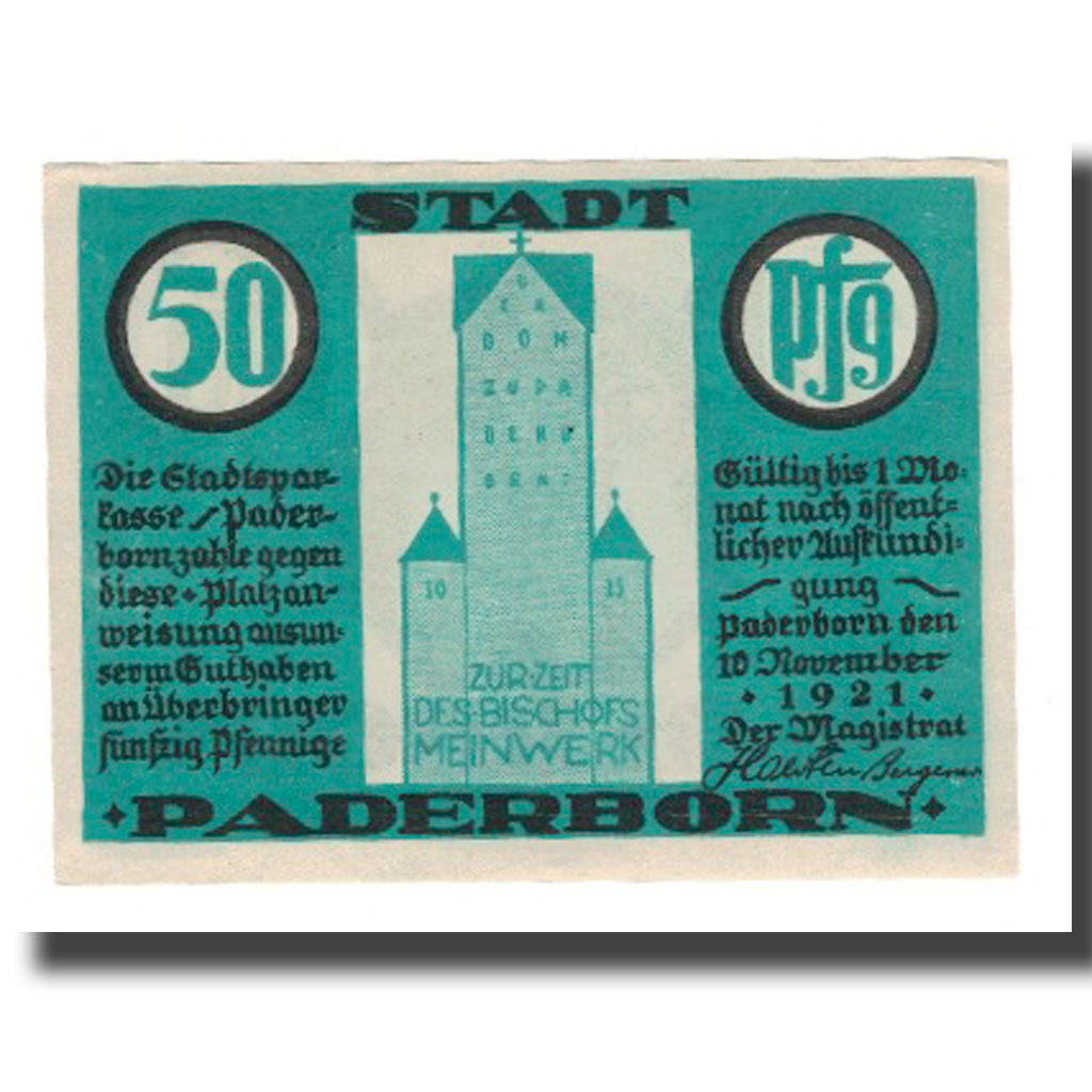 Banknot, Niemcy, Paderborn Stadt, 50 Pfennig, texte 1, 1921, 1921-11-10