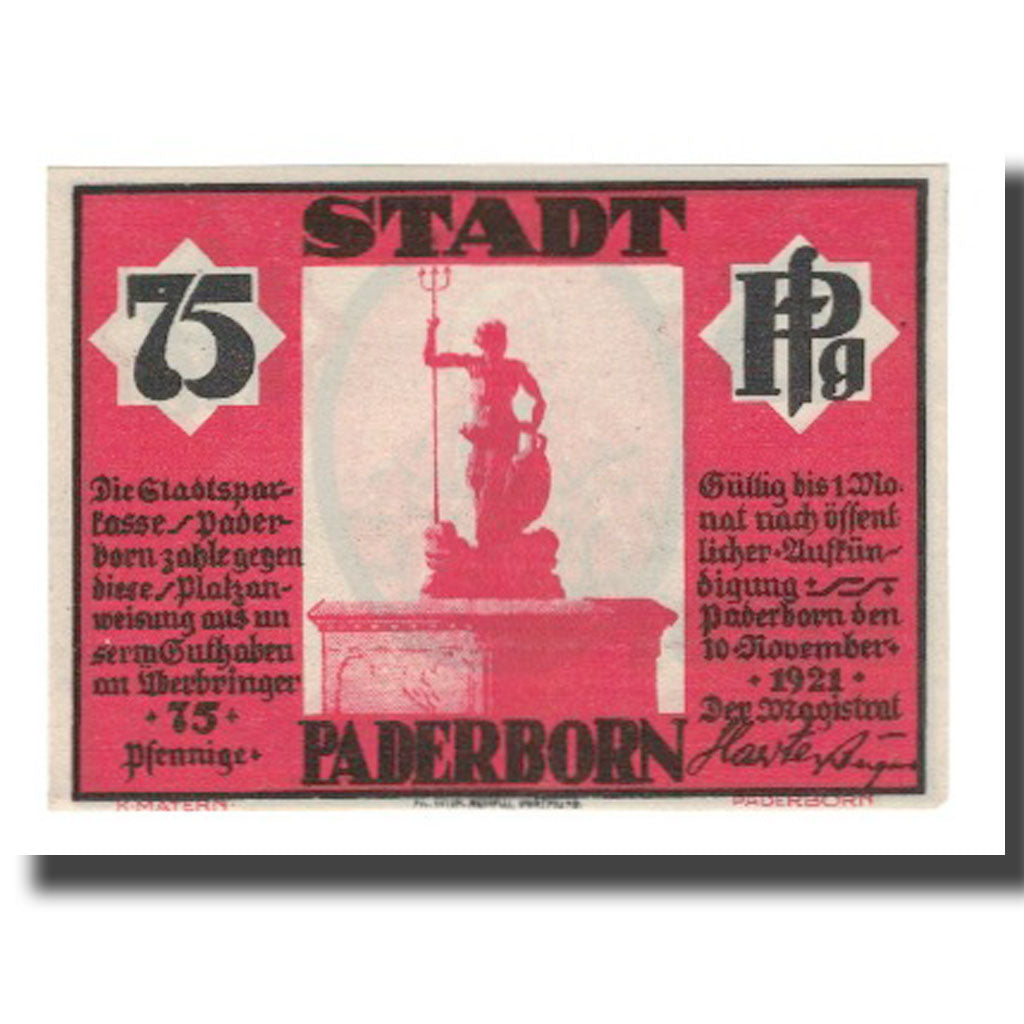 Banknote, Germany, Paderborn Stadt, 75 Pfennig, statue, 1921, 1921-11-10