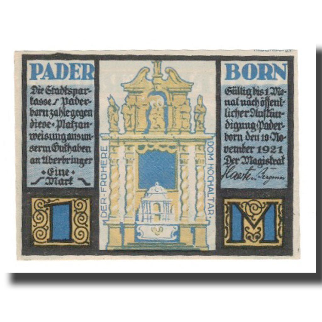 Banconote, Germania, Paderborn Stadt, 1 Mark, Texte, 1921, 1921-11-10, SPL-