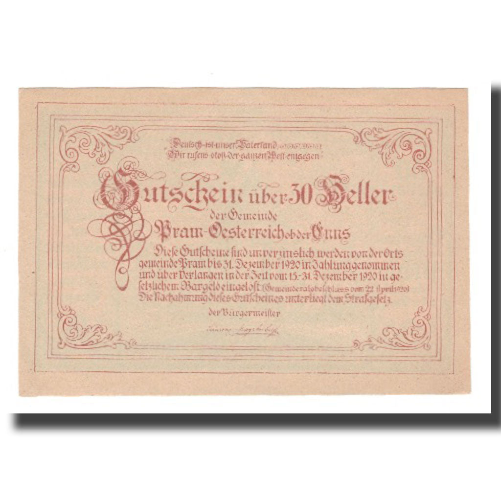 Banknot, Austria, Pram O.Ö. Gemeinde, 30 Heller, Texte, 1920, 1920-12-31
