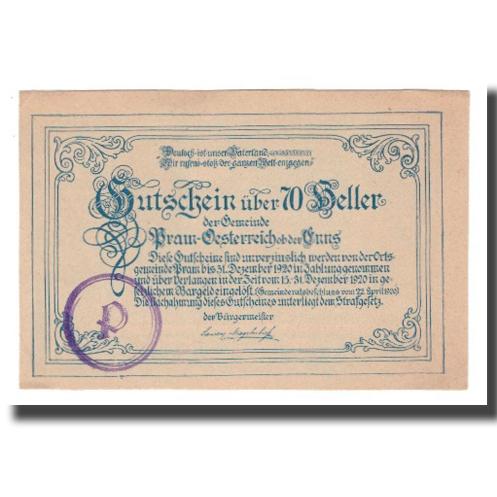 Banknot, Austria, Pram O.Ö. Gemeinde, 70 Heller, Texte, 1920, 1920-12-31