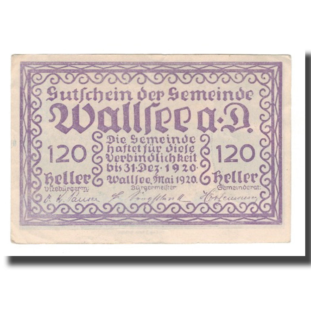 Banconote, Austria, Wallsee N.Ö. Gemeinde, 120 Heller, paysage, 1920