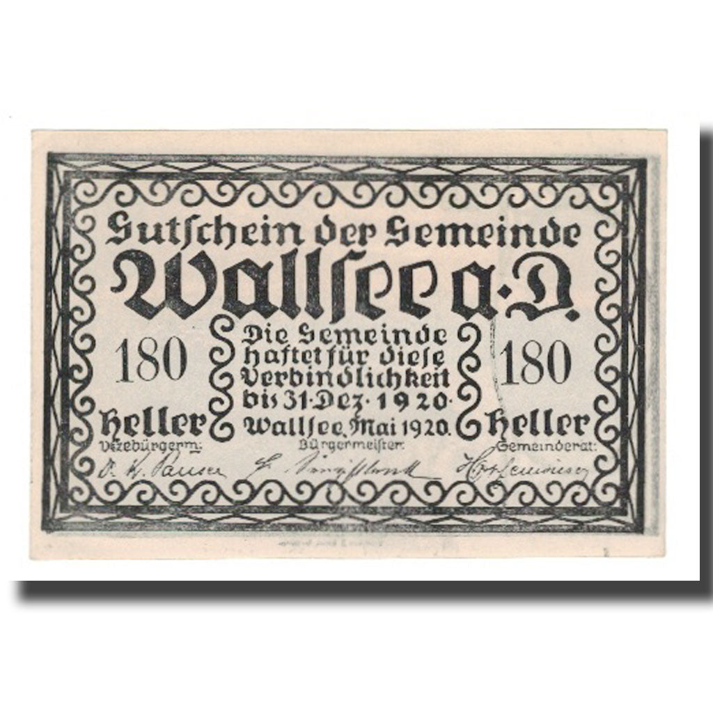 Banconote, Austria, Wallsee N.Ö. Gemeinde, 180 Heller, paysage, 1920