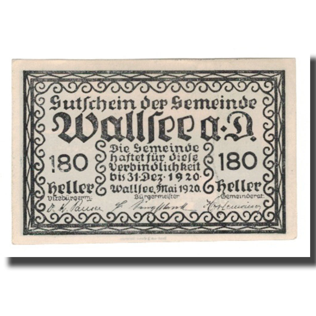 Banconote, Austria, Wallsee N.Ö. Gemeinde, 180 Heller, paysage 2, 1920