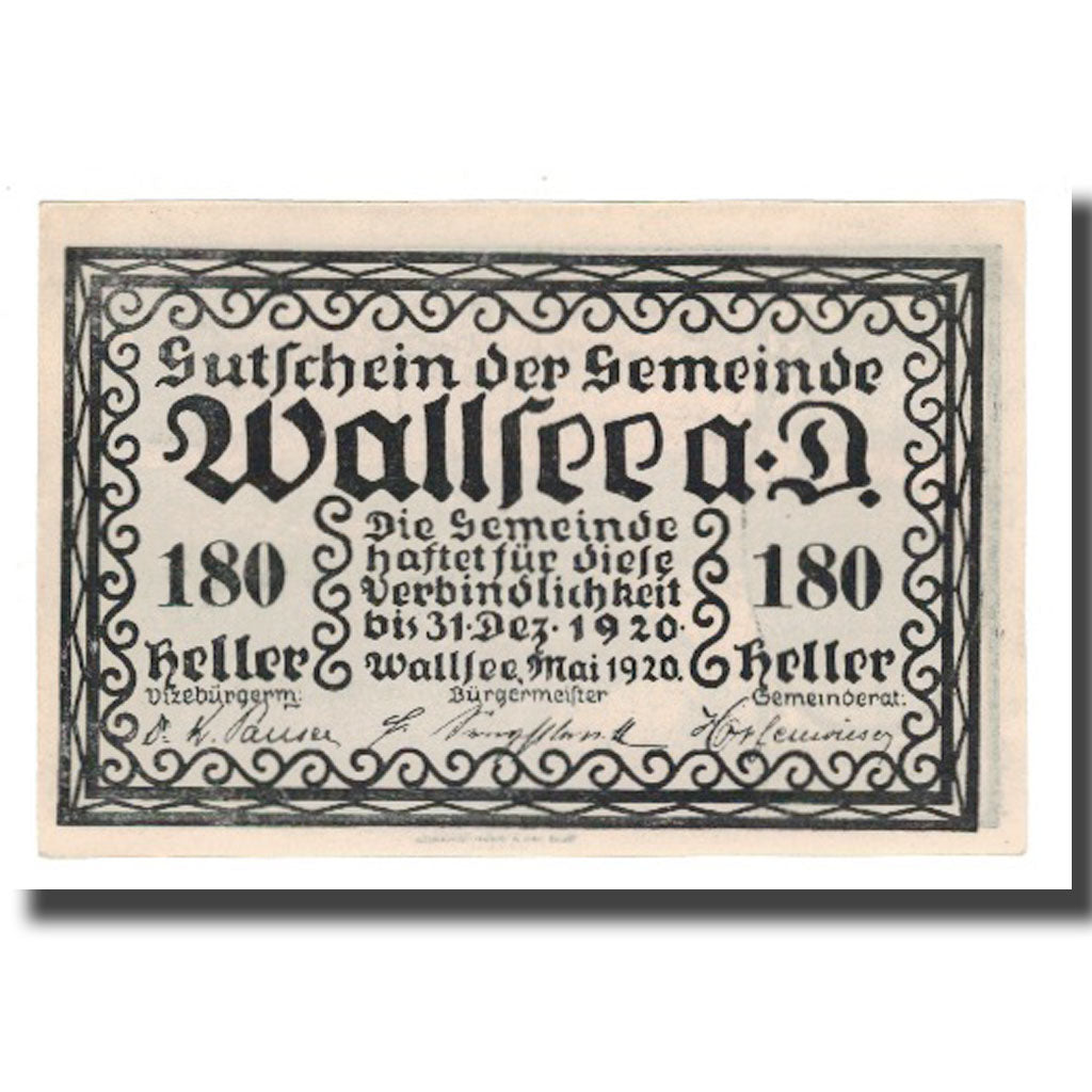 Banknot, Austria, Wallsee N.Ö. Gemeinde, 180 Heller, paysage 3, 1920