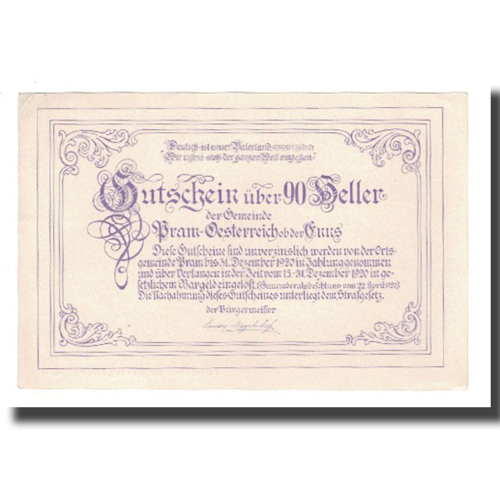 Banknote, Austria, Pram O.Ö. Gemeinde, 90 Heller, Texte, 1920, 1920-12-31