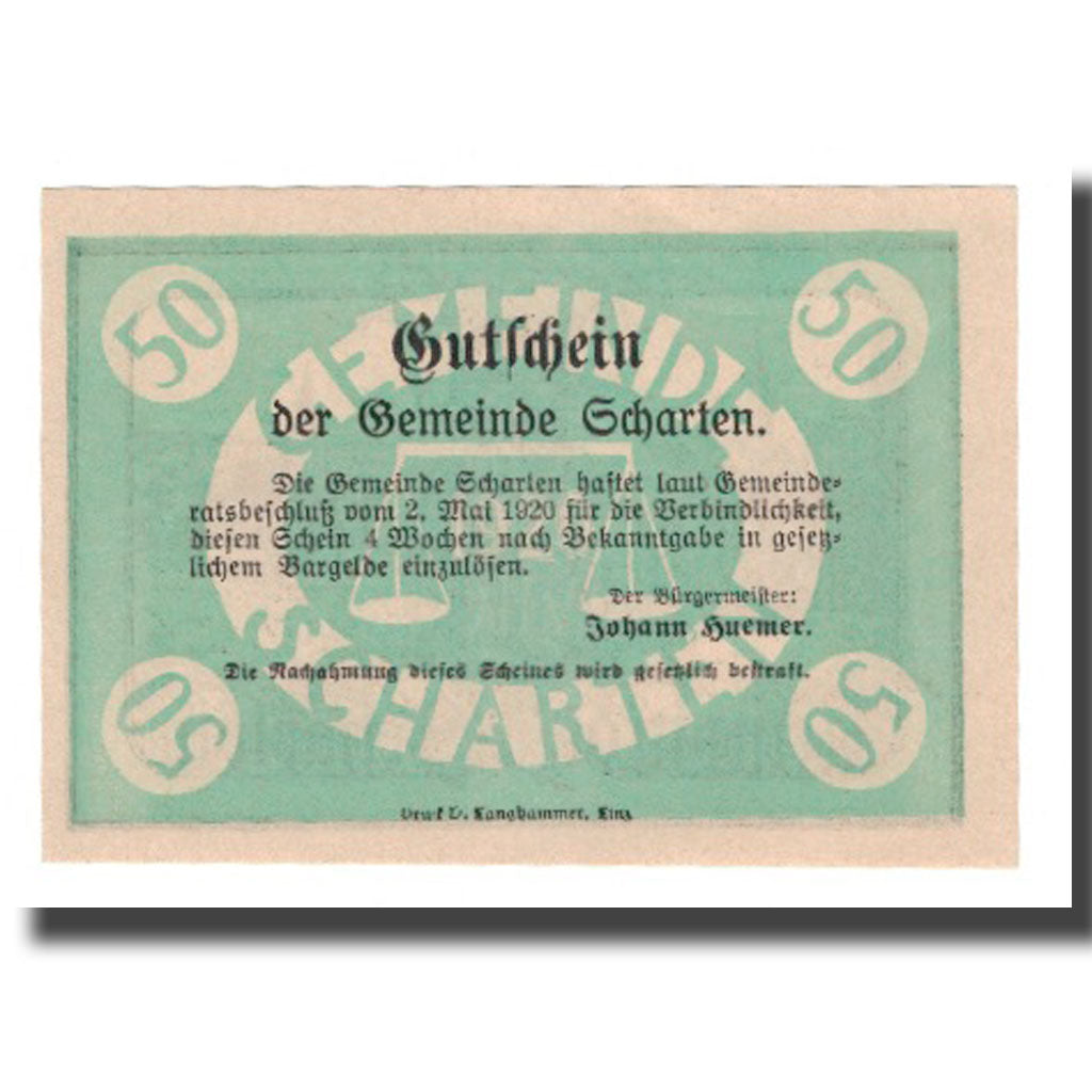 Nota, Áustria, Scharten O.Ö. Gemeinde, 50 Heller, Texte, 1920, 1920-05-02