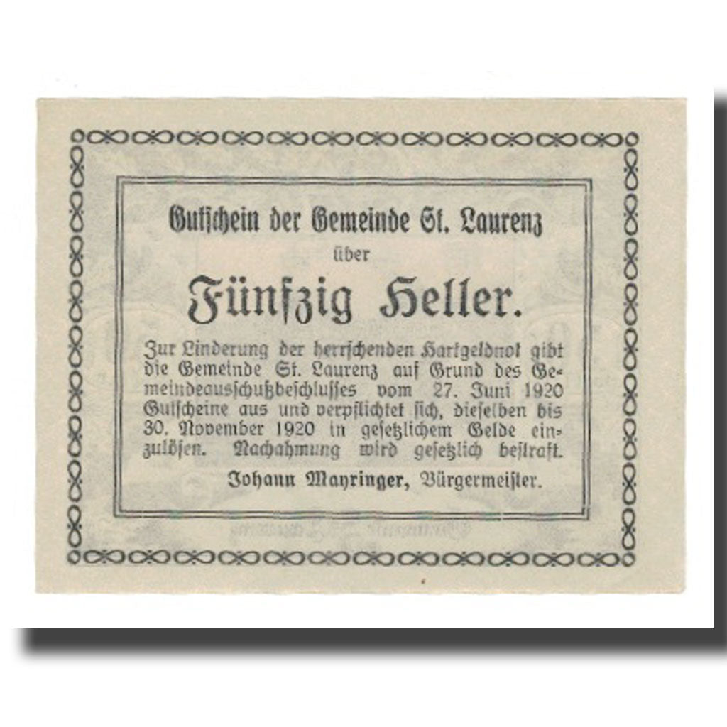 Banknot, Austria, St. Laurenz O.Ö. Gemeinde, 50 Heller, Texte, 1920
