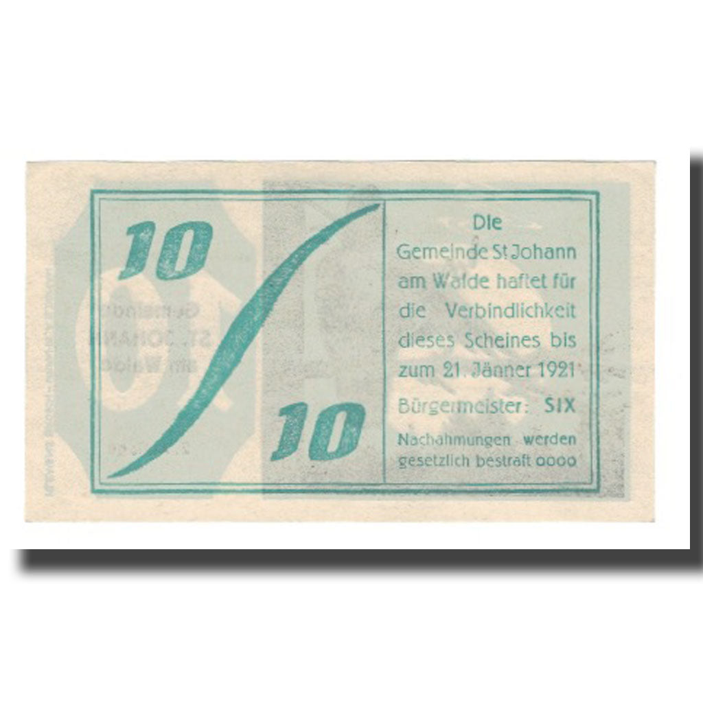 Banknote, Austria, St. Johann am Walde O.Ö. Gemeinde, 10 Heller, Texte, 1921