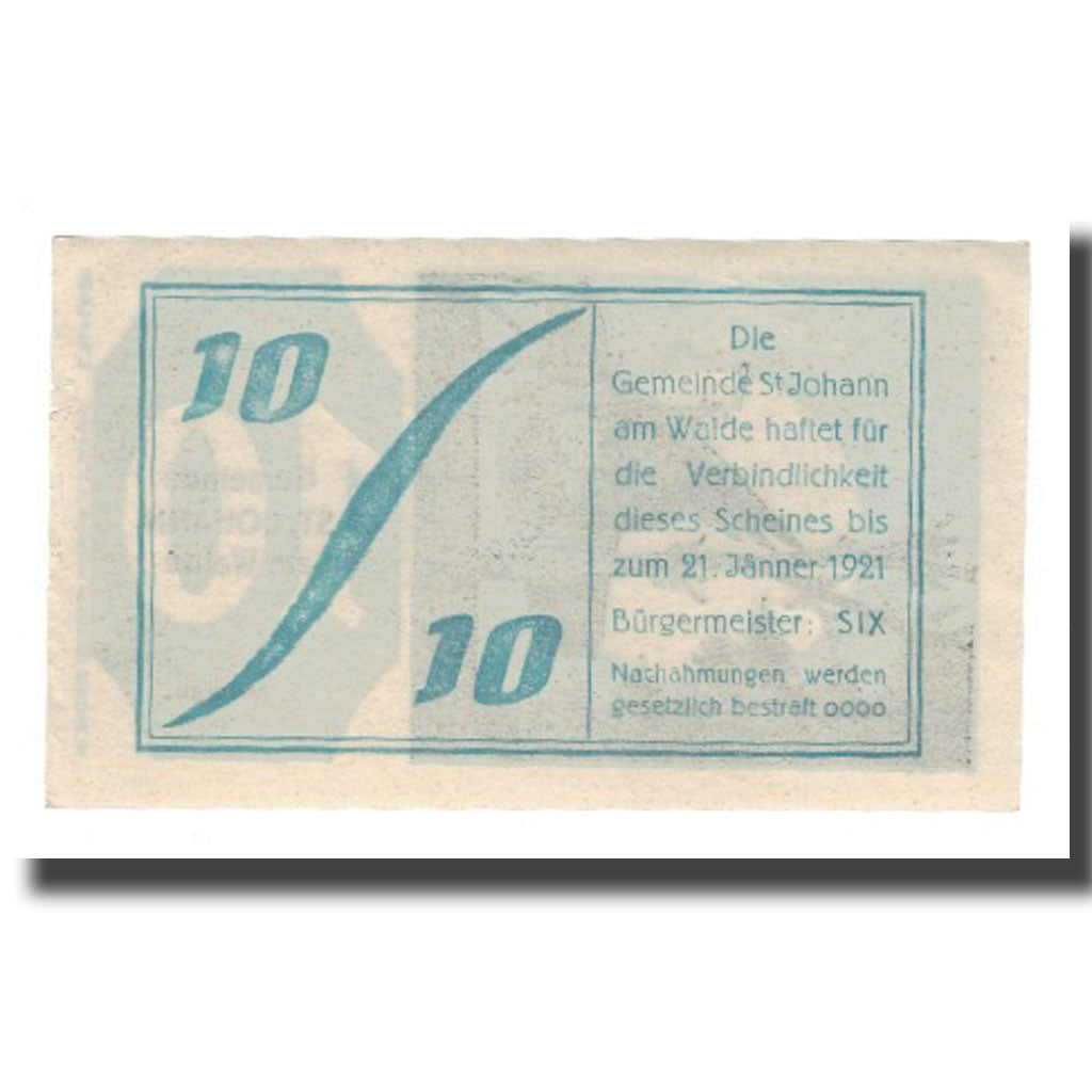 Banknote, Austria, St. Johann am Walde O.Ö. Gemeinde, 10 Heller, texte 1, 1921