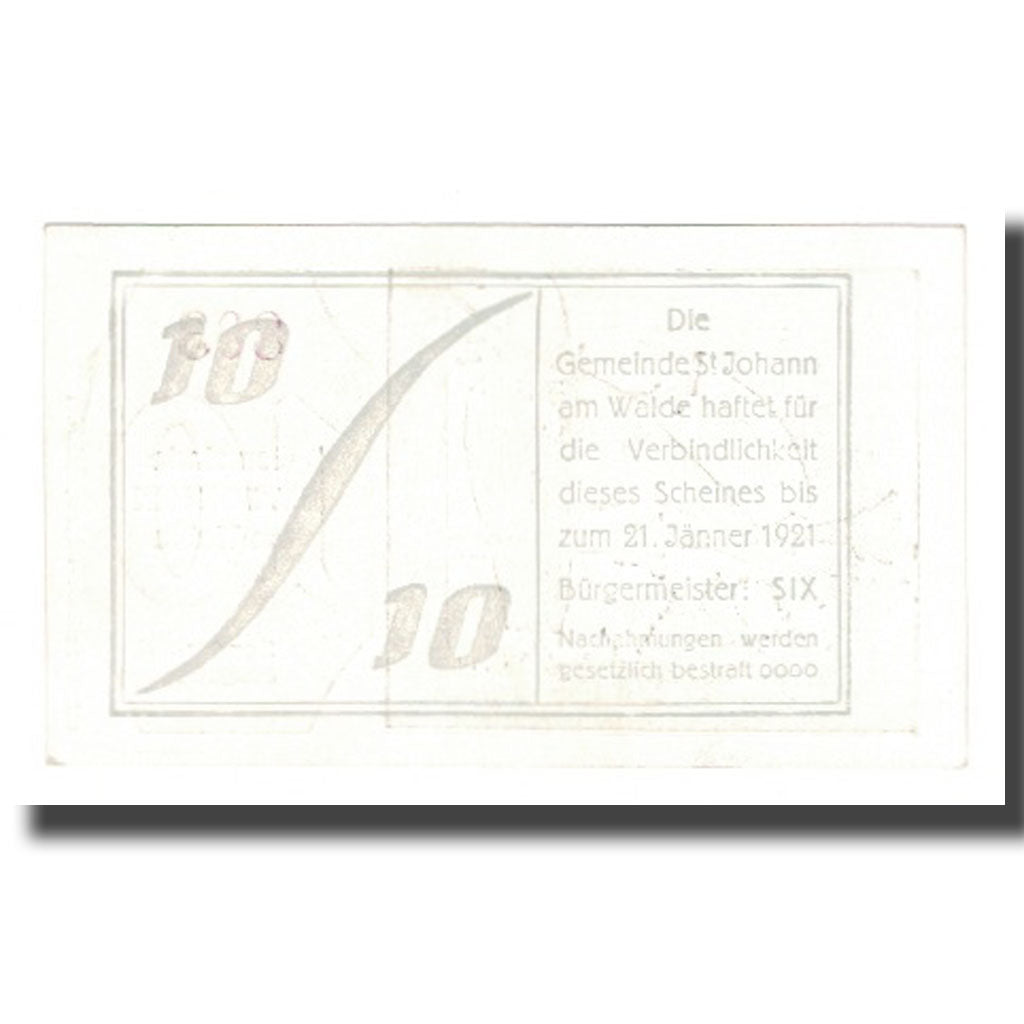 Banknote, Austria, St. Johann am Walde O.Ö. Gemeinde, 10 Heller, Texte 2, 1921