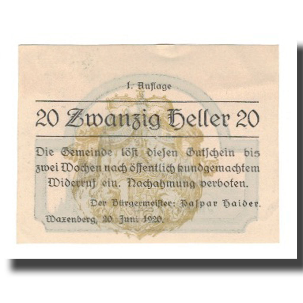 Nota, Áustria, Waxenberg O.Ö. Gemeinde, 20 Heller, Texte, 1920, 1920-06-20