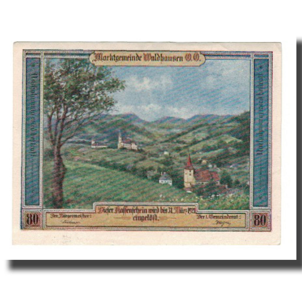 Banknote, Austria, Waldhausen O.Ö. Marktgemeinde, 80 Heller, Texte, 1921