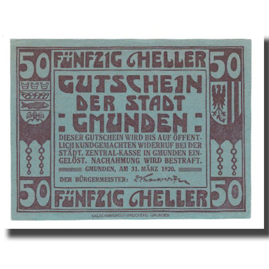 Geldschein, Österreich, Gmunden O.Ö. Stadt, 50 Heller, paysage, 1920