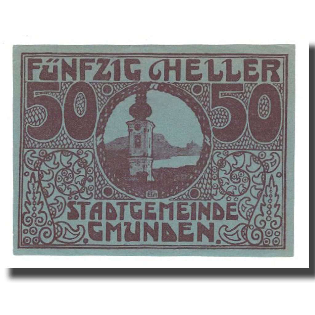 Geldschein, Österreich, Gmunden O.Ö. Stadt, 50 Heller, paysage, 1920