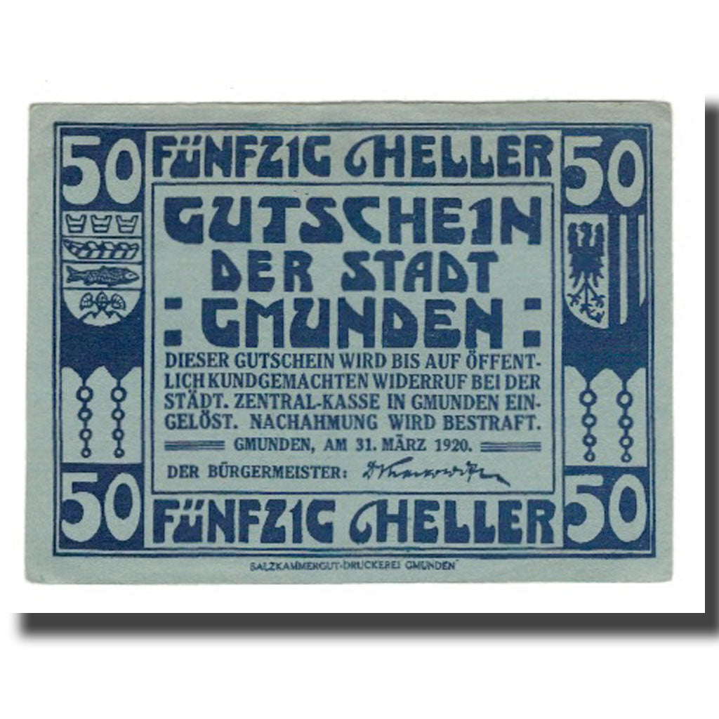 Geldschein, Österreich, Gmunden O.Ö. Stadt, 50 Heller, paysage 1, 1920