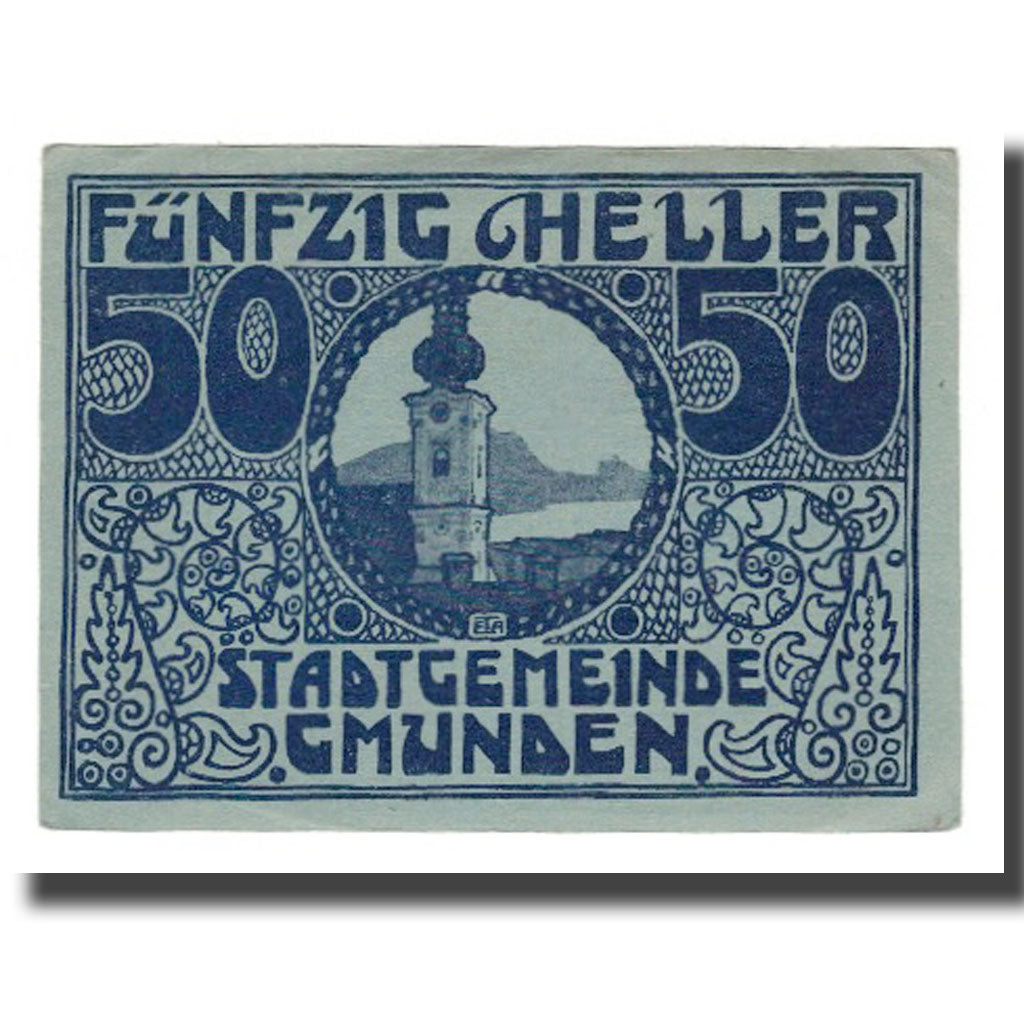 Geldschein, Österreich, Gmunden O.Ö. Stadt, 50 Heller, paysage 1, 1920