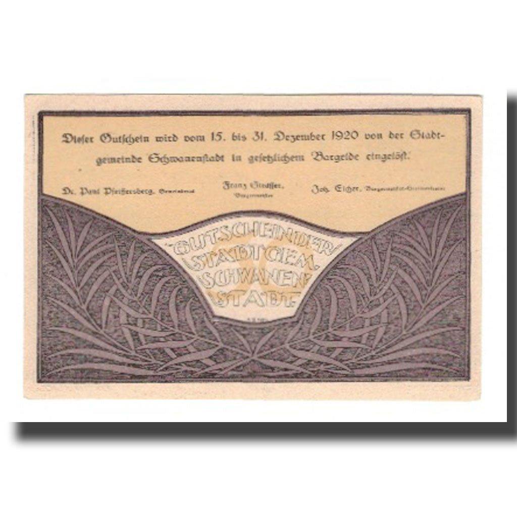 Banknot, Austria, Schwanenstadt O.Ö. Stadtgemeinde, 50 Heller, Texte, 1920